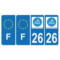 Lot de 4 Autocollants Plaque d'immatriculation Voiture 26 Auvergne Rhône Alpes Version Bis & F Europe