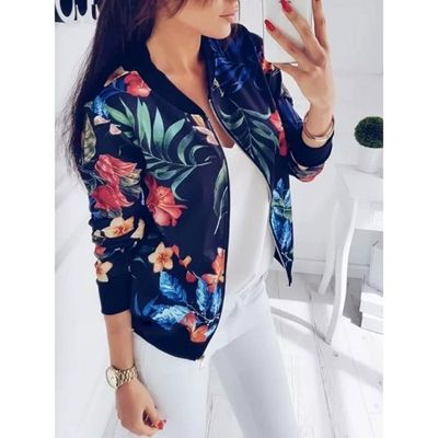 Yacun Femmes Blouson Manches Longues Veste Fleuri Imprimé Bomber Coat