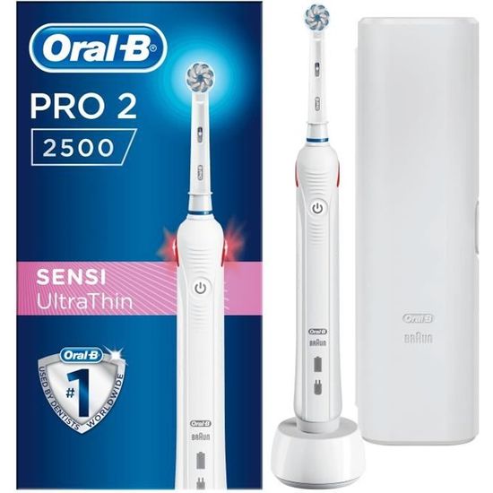 Oral-B PRO 2 2500 Brosse à Dents Électrique Rechargeable avec 1 Manche Capteur de Pression, 1 Brossette, 1 Étui de Voyage, Blanche