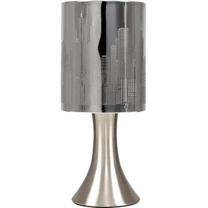 MiniSun 'Horizon - NEW YORK'. Lampe de Table, Chevet Touch Moderne. Variateur Touch Intégré. Pied Contemporain en Nickel avec Abat-J