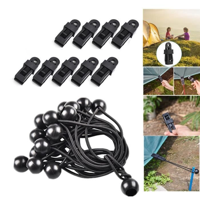 10 Pcs Tarp Clips et 10 sangles élastiques , pour Camping pour Camping, Pêche,Randonnée,Voyages, la maison, Sac à dos