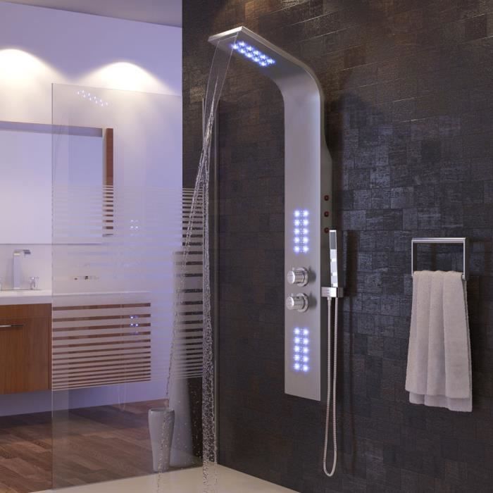 Colonne de Douche en Acier Inoxydable avec Jet de Massage, Buses de Massages et Douche Manuelle, pour Salle de Bain/Hôtel (LED viole