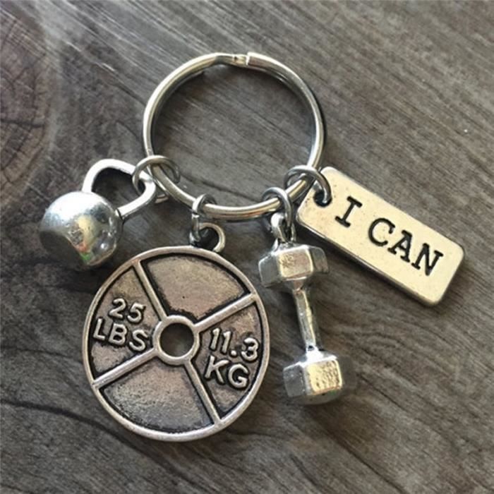 Porte-clés Fitness haltère Barbell Kettle Bell avec des breloques haltérophilie gym gravé mots bijoux_silver