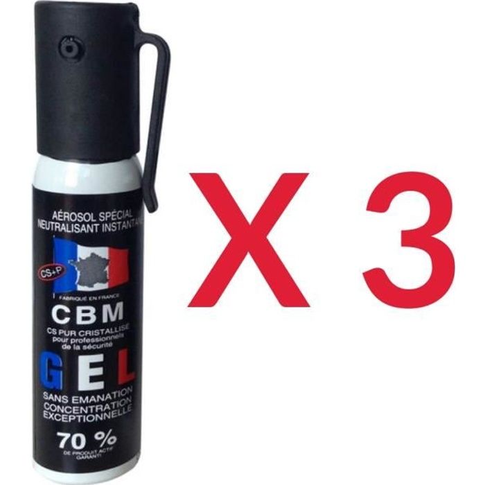 Lot de 3 - Bombe aérosol lacrymogène de défense gel CS 25 Ml