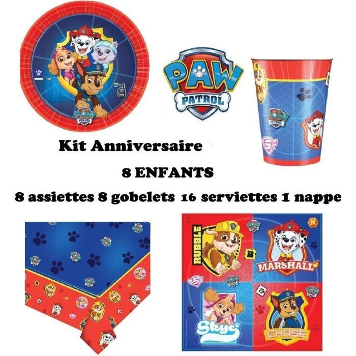 Mgs33 Kit ( cde 5 ) Pat Patrouille 8 Enfants Anniversaire (8 Assiettes, 8 gobelets, 16 Serviettes, 1 Nappe + paquet de bombe a eau)