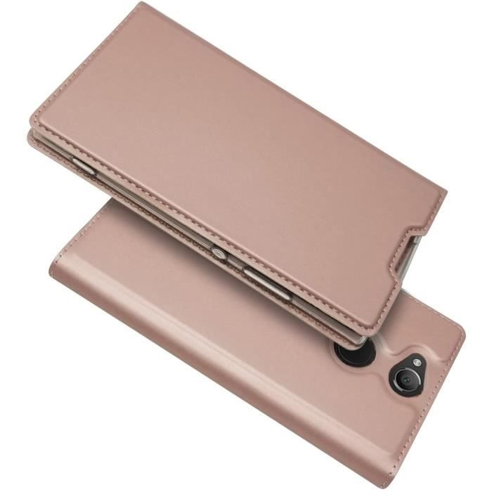 Etui en cuir pour Sony Xperia XA2 Etui en cuir PU solide Etui en or rose Protection complete Etui a rabat ultra-fin et portefeui AF
