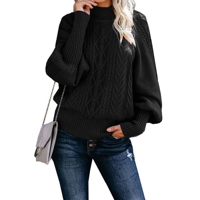 DoringIN-Pull Chandail Femme Couleur unie Col Montant Manches amples Chandail Jacquard