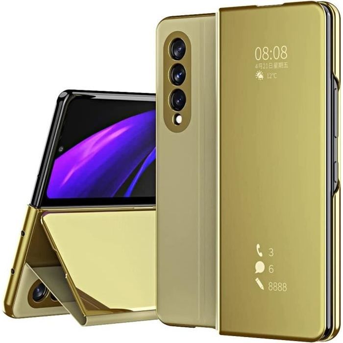 Coque pour Samsung Galaxy Z Fold 3 5G, Fonction de Support, Miroir Flip Ultra Mince Anti-Rayures Anti-Choc, Housse pour -d'or