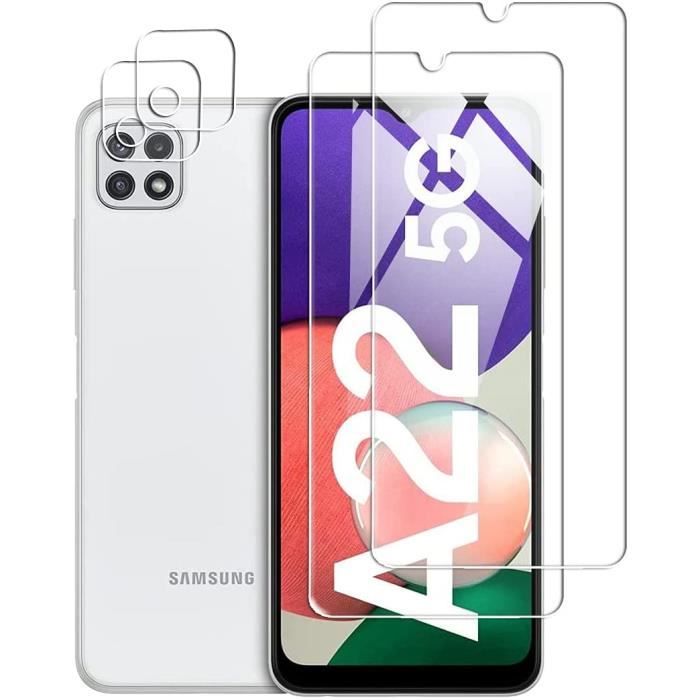 2 Pièces Verre Trempé pour Samsung Galaxy A22 5G + 2 Pièces Caméra Protection écran,9H Dureté - HD -Anti-Rayures -Facile à Installer