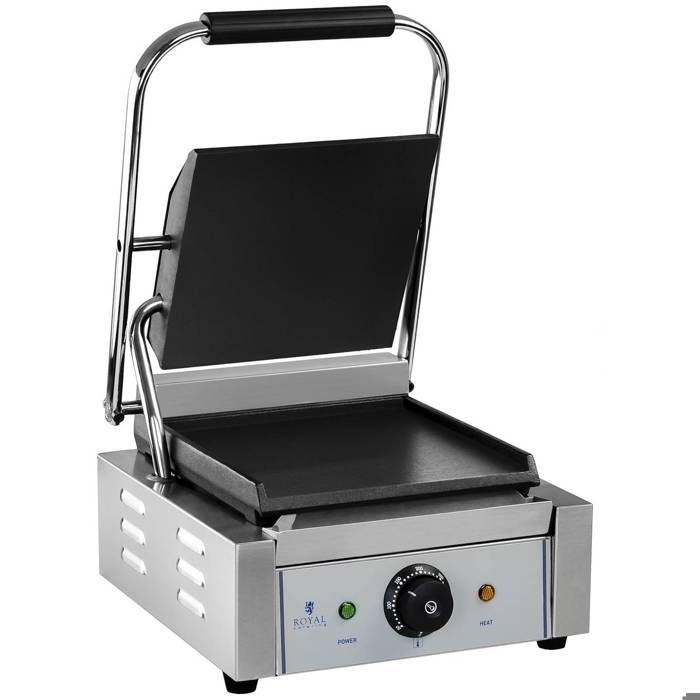 Machine à panini lisse Royal Catering RCKG-1800-F (1800W, plaque de cuisson inférieure 23,5x22,5cm, récupérateur de graisse en inox)