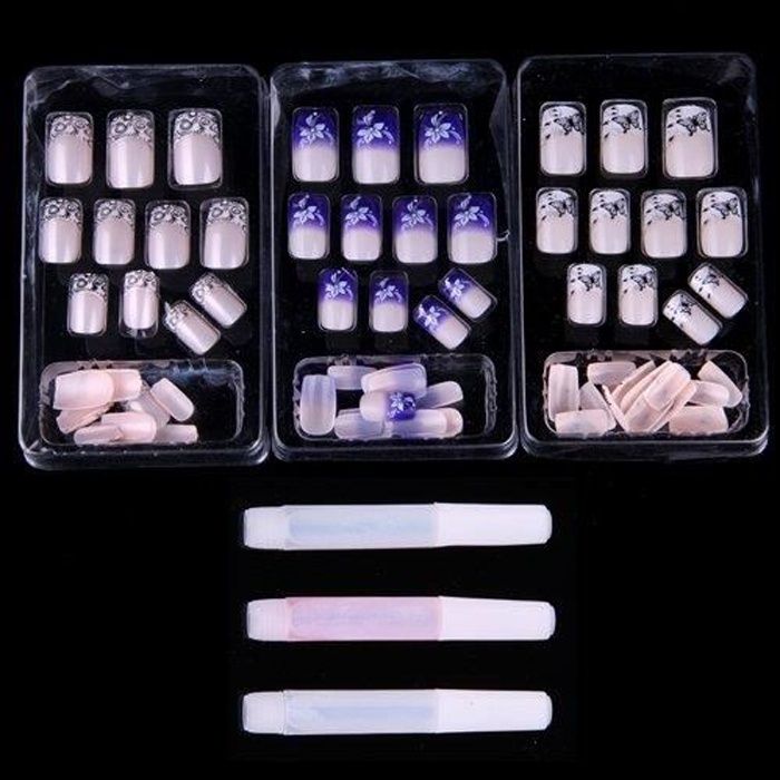 72 X Ongle Faux Acrylique Rose Pour Nail Art Manucure + Colle