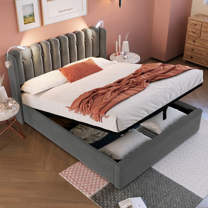 Lit coffre Lit double Lit de lecture avec fonction de chargement Tête de lit avec rangement velours 140x200 Gris Lit coffre Lit double Lit de lecture avec fonction de chargement Tête de lit avec rangement velours 140x200 Gris