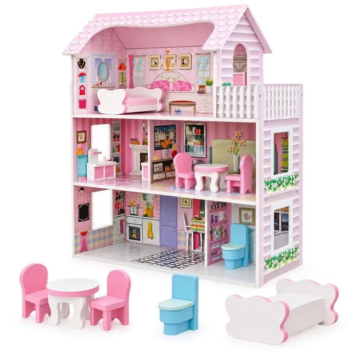 Rijoka Maison de poupée en bois avec meubles - 8 pièces - 3 étages - Rose classique - 62x27x70 cm