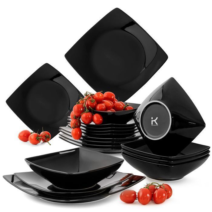 Service De Table Nordic 12 Pièces - Céramique Noire Mate - Assiettes Plates, Creuses Et à Dessert