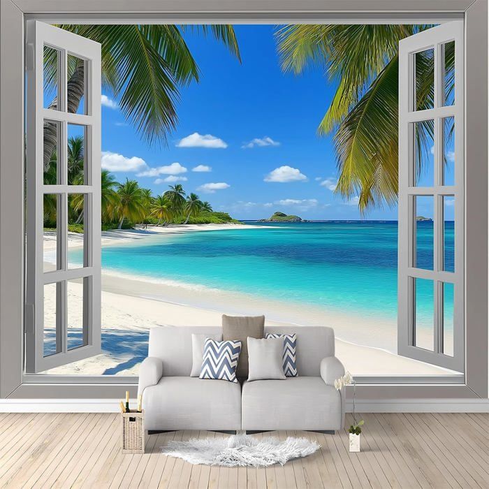 Papier Peint Mural Chambre Plage Tropicale Fenêtre Sable Palmiers ...