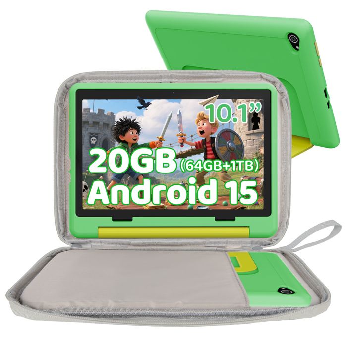 Tablette Enfant 10 Pouces 20(3+17)Go+64Go+1To TF 5000mAh Wifi Contrôle Parental avec Kid-Proof Étui Vert et Sac dordinateur Gris