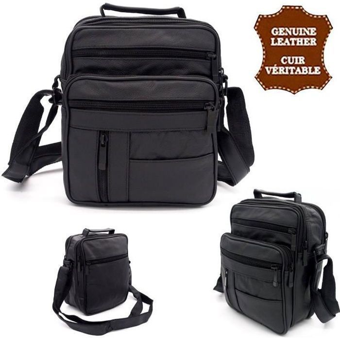 Sacoche bandoulière - Cuir Véritable - Grand modèle - Noir - Homme - Doublure synthétique