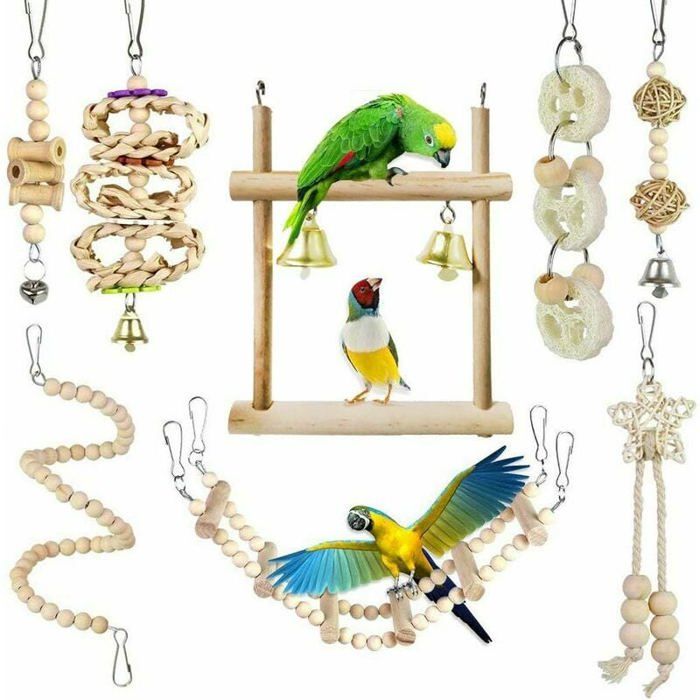 Lot de 8 Jouet pour perroquet à oiseaux Jouets à mâcher avec Hamac Swing Cloche Chaîne Perchés pour Oiseaux perroquets