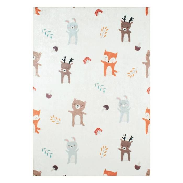 Tapis intérieur enfant blanc imprimé animaux thème automnal 160 x 230 cm - Ravon