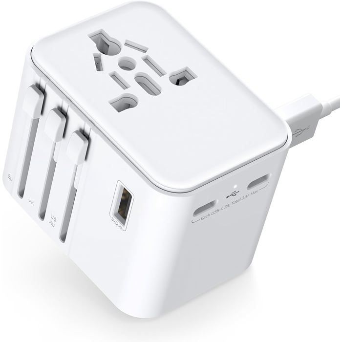 Adaptateur De Voyage Universel - 2 USB-C + 2 USB-A + 1 Prise Secteur, Compatible 224 Pays, Fusible 10A
