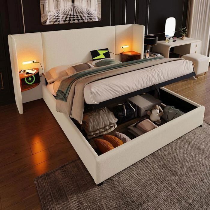Lit Coffre de Rangement pour Double Adulte Cadre de Lit 160x200 avec Sommier Table de Chevet Lampe de Lecture USB C Lin Beige