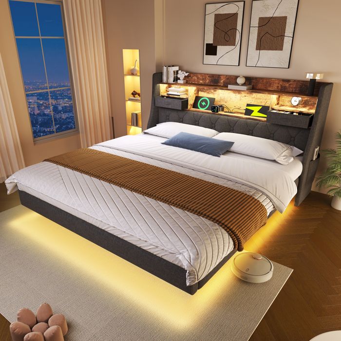 Lit adulte rembourré 180x200cm - Avec LED - Port Type-C et ports USB - Tête de lit avec rangement - lin - Gris (sans matelas) Lit adulte rembourré 180x200cm - Avec LED - Port Type-C et ports USB - Tête de lit avec rangement - lin - Gris (sans matelas)