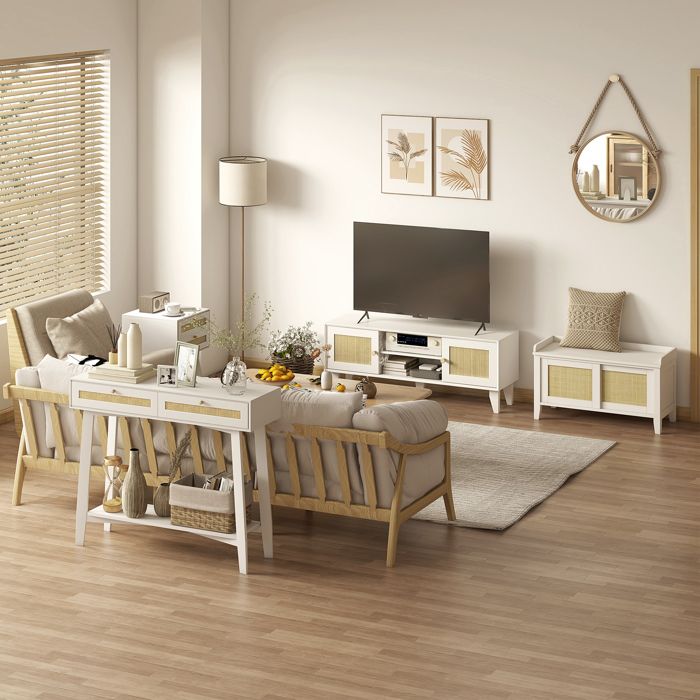 Banc à chaussures meuble de rangement avec porte coulissante et façades rotin tissé 80 x 35 x 45 cm blanc