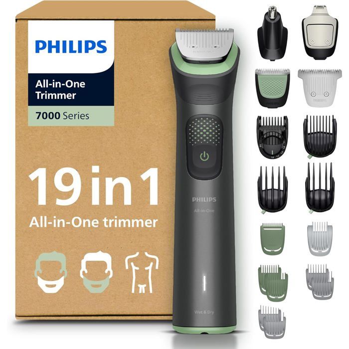Philips Multigroom série 7000 Tondeuse tout en un 19 accessoires – tondeuse pour barbe cheveux et corps lames en métal auto affûtées 26 hauteurs de coupe 0 5 20 mm modèle MG7962/