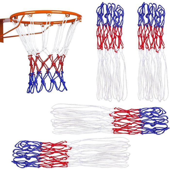 4 Filets De Basket-ball Professionnels – 12 Boucles, Nylon Résistant, Couleurs Rouge/blanc/bleu – Pour Terrains Intérieurs Et Extérieurs