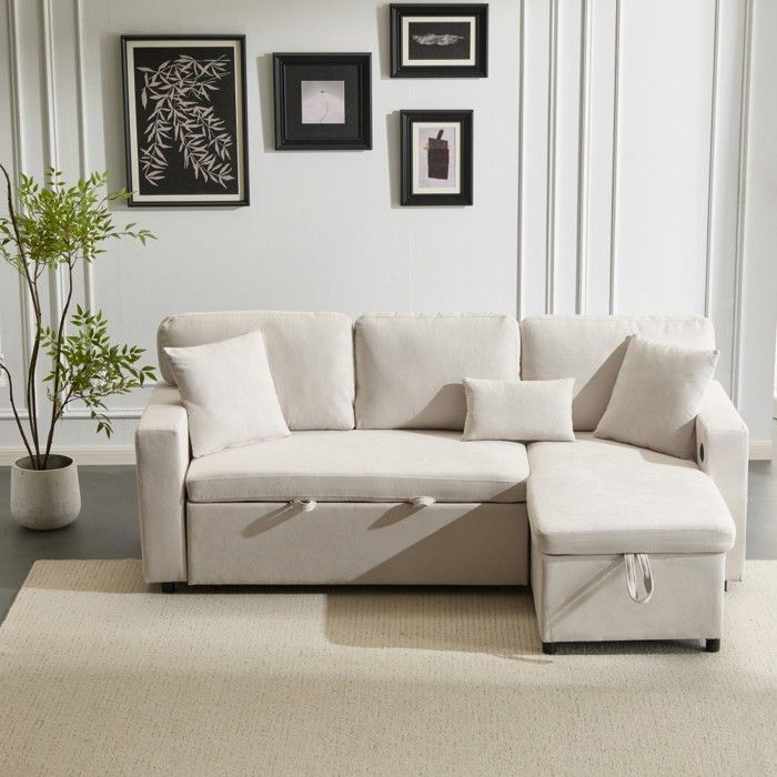 Canapé-lit dangle extensible en L avec coffre de rangement et étagère intégrée - Beige 214x131x87cm