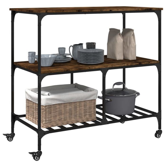 Soldes Printemps Chariot de cuisine - BURKE - Desserte cuisine - chêne fumé 100x50x95 cm bois dingénierie DD149
