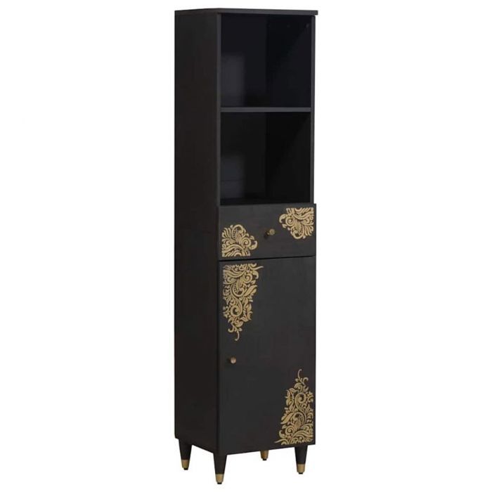 Buffet en manguier noir VIDAXL 38x33x160 cm armoire salle de bain avec tiroir et poignées laiton