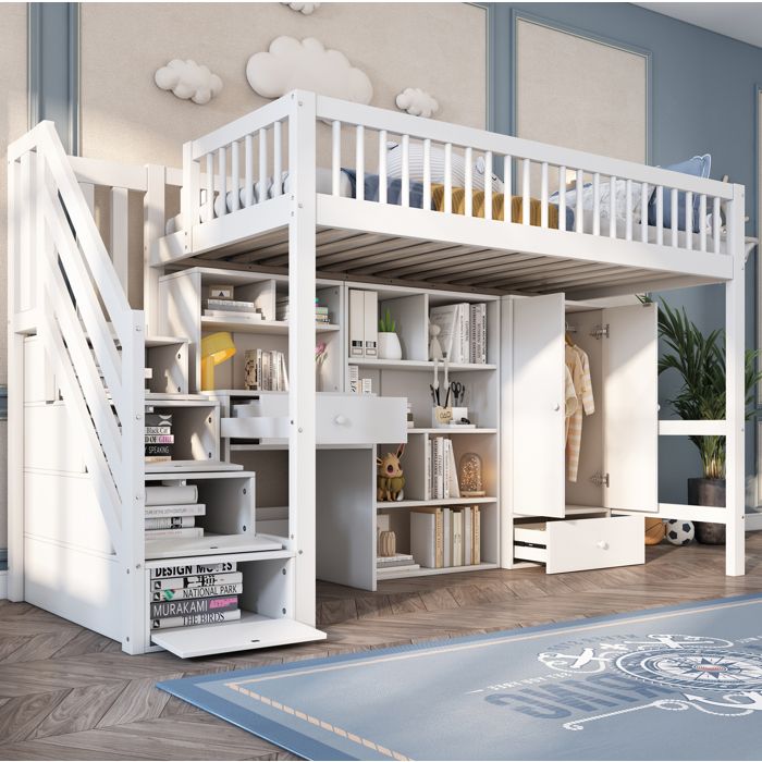 HOMVRA Lit Mezzanine 90x200 cm Lit Enfant avec Rangements Multiples Bureau et Sommier à Lattes Bois Blanc