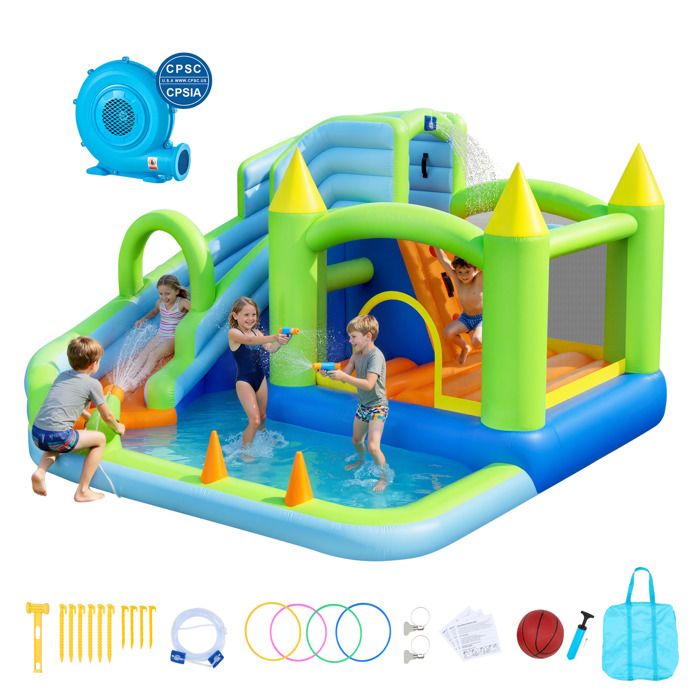 Château Gonflable Géant VEVOR Avec Toboggan Aquatique, Piscine, Panier De Basket Et Canon à Eau – Pour 3 à 8 Ans, 344x374x213 Cm, Souffleur Inclus