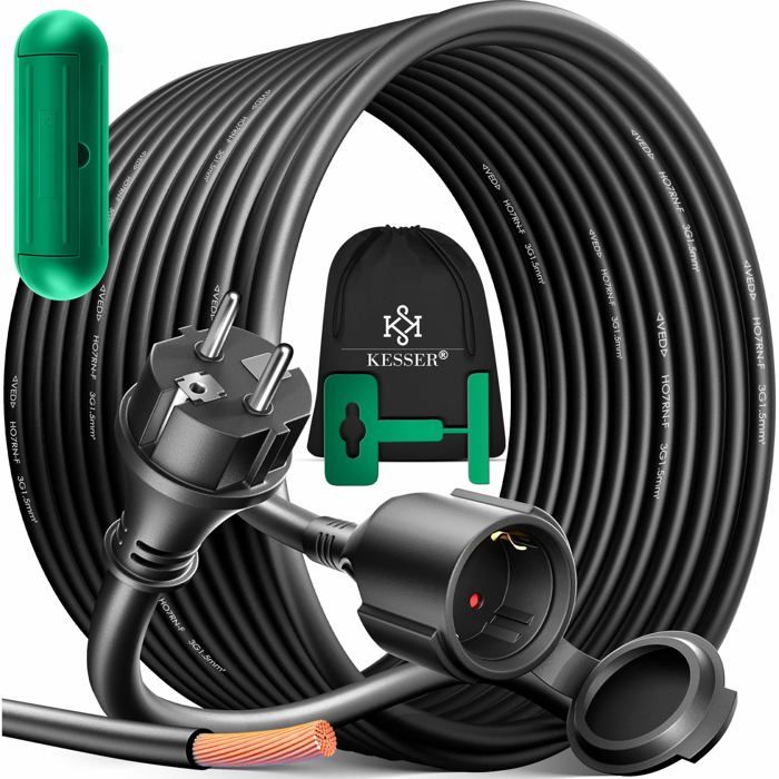 Rallonge électrique extérieure - KESSER - 20 m - IP44 - Résistant aux intempéries - Utilisable de -20°C à +60°C