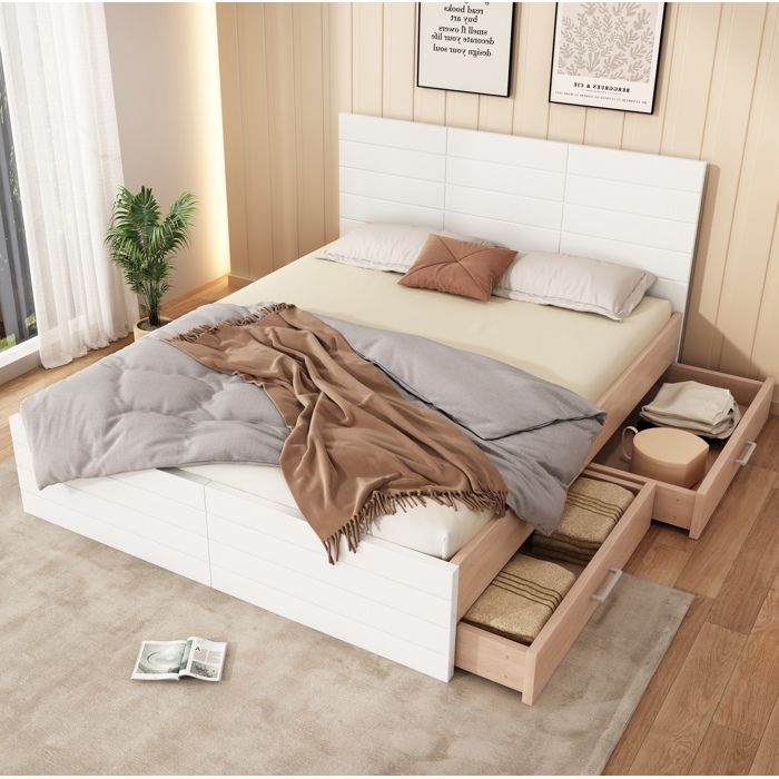 Lit double 180×200 cm avec 2 tiroirs sommier à lattes et rangement - BEAUNIV - sans matelas Blanc et Chêne clair