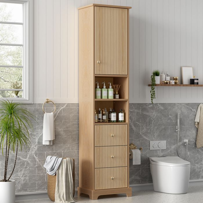 Colonne de salle de bain 40x30x172 cm avec 3 tiroirs 1 porte étagères ouvertes en MDF couleur naturelle
