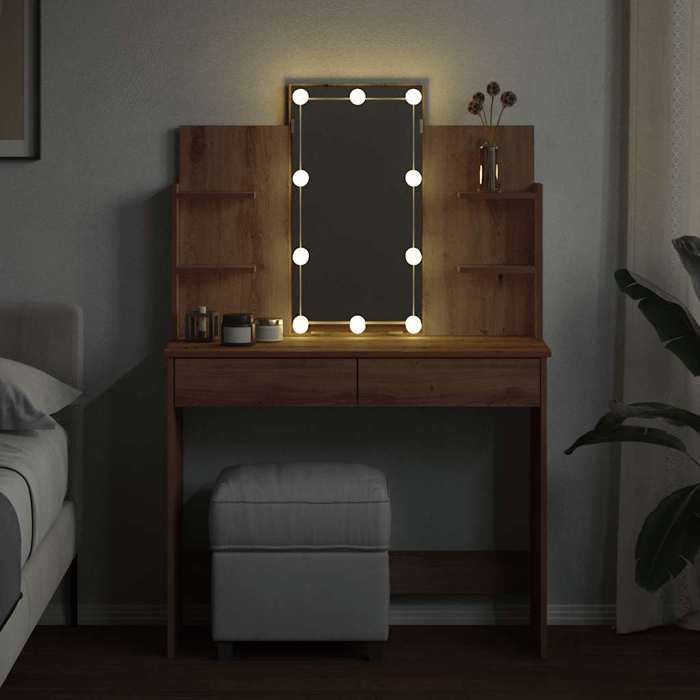 Joli & Fonctionnel - Coiffeuse avec lumières LED - Table de cosmétique - chêne artisanal 96x40x142 cm - Coiffeuse Femme kda7003150