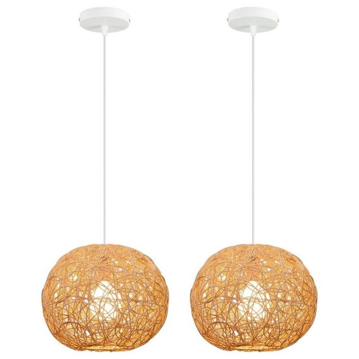 Suspension luminaire - Rotin rond 20 cm - Lot de 2 - 2x E27 60W - Métal & rotin style vintage