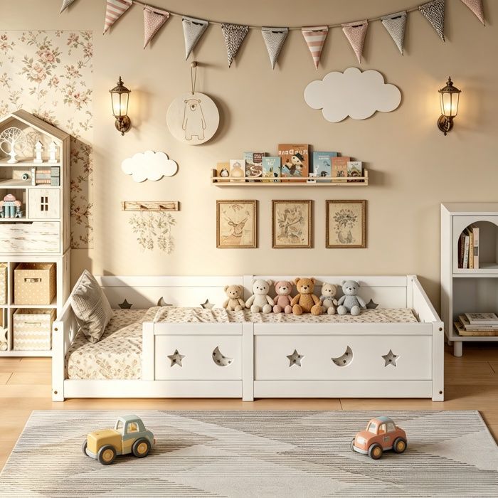 Lit enfant 140x200 cm évolutif lit sol Montessori pin massif barrières protection anti-chute motif étoiles lunes blanc