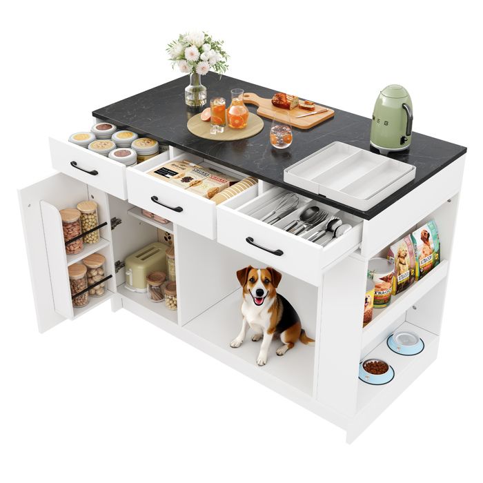 Îlot Central de Cuisine120x60x90 cm 3 Tiroirs Étagère réglable Rangement animal MDF blanc