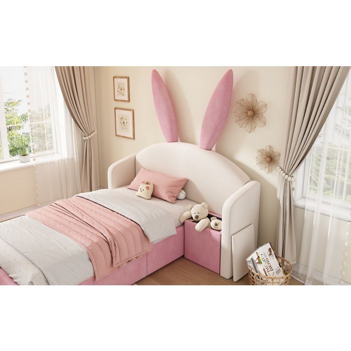 Lit enfant 90 x 190 cm - Velours beige et rose - Tête de lit oreilles de lapin rangement et table de chevet