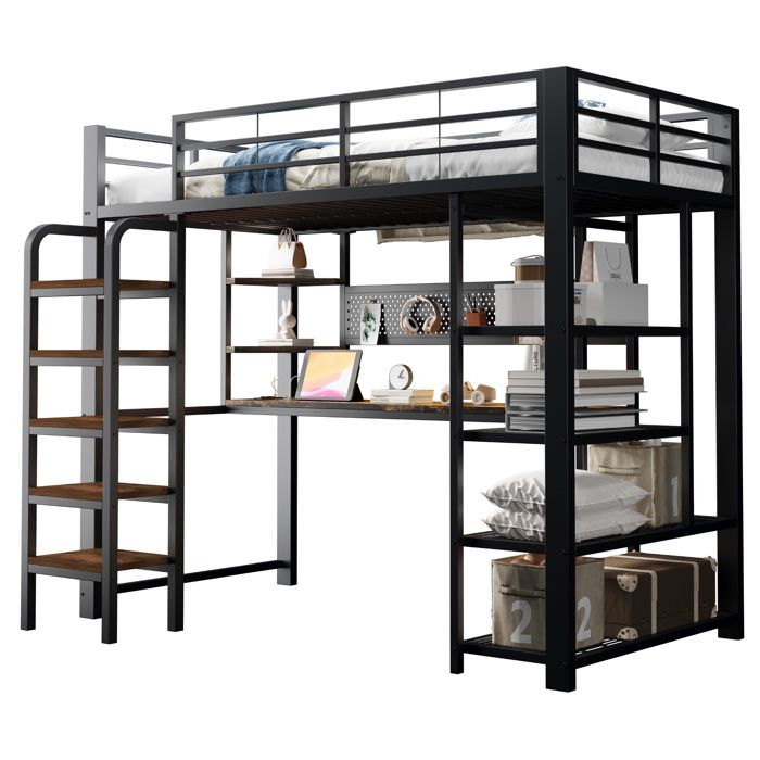 Lit mezzanine 90x200 cm noir structure métal bureau avec prise éclairage LED multicolore petites étagères