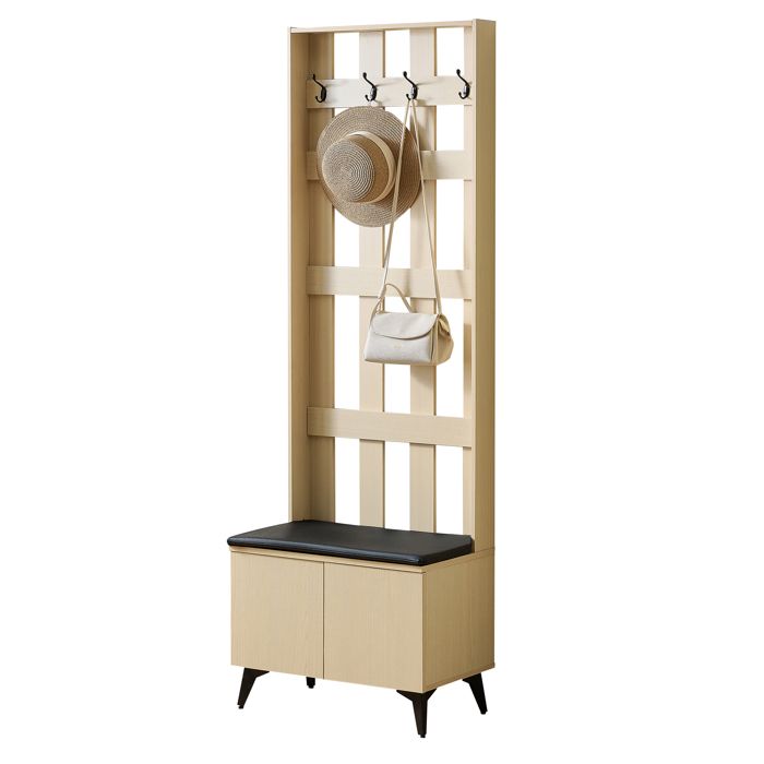 Porte-manteaux d’entrée avec banc et assise rembourrée 4 patères rangement chaussures intégré 60x35x179.5 cm
