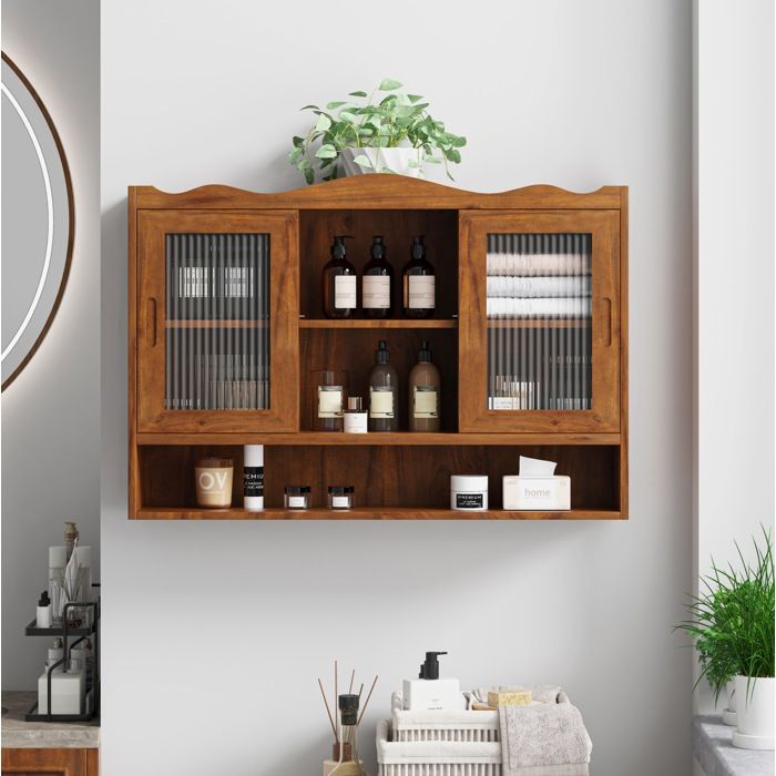 HOMVRA Meuble haut mural 90 cm à 2 portes coulissantes 3 niveaux de rangement bois massif et verre marron