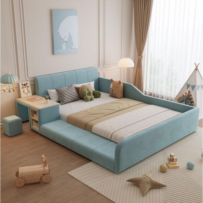 WOVREO Lit combiné enfant 140x200 cm en velours bleu avec bureau latéral tabouret et rangement
