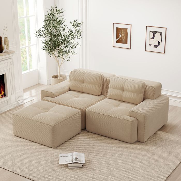 Canapé modulaire L 2 places en velours côtelé sofa relax moderne assise profonde 74cm avec ottoman - structure sans armature -beige Canapé modulaire L 2 places en velours côtelé sofa relax moderne assise profonde 74cm avec ottoman - structure sans armature -beige