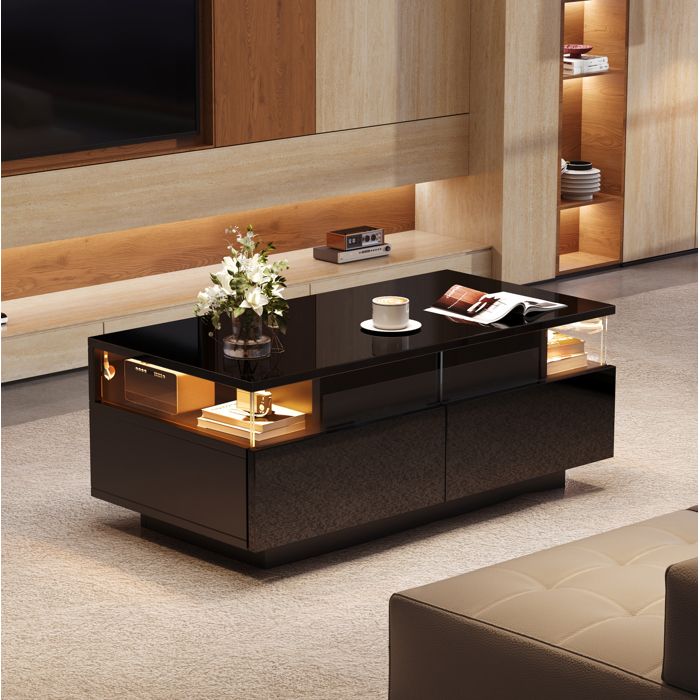 Table basse 90 x 45 x 355 cm noire brillante avec 2 tiroirs plateau amovible verre trempé et LED USB