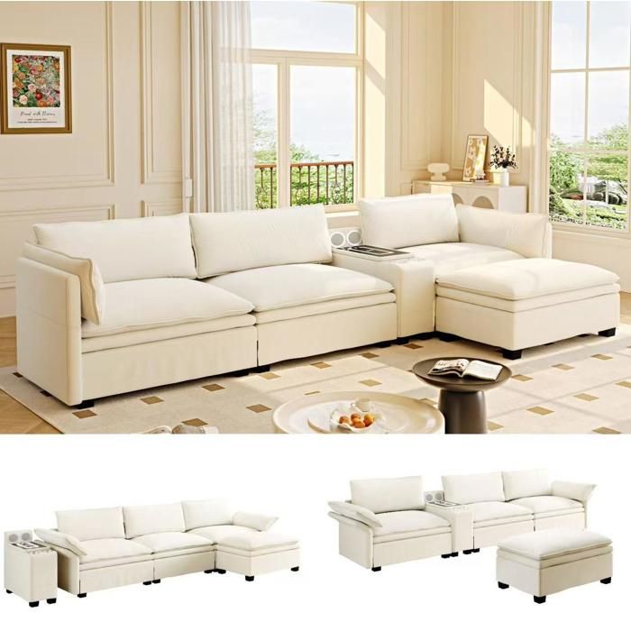Modenuit canapé dangle modulable 4 places 315 cm en chenille beige et blanc avec ottoman recharge sans fil