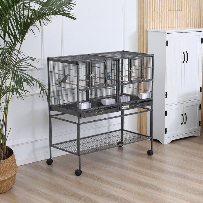 Double cage à oiseaux en métal avec plateaux amovibles support stable 4 roues et étagère 95 x 455 x 102 cm noir gris